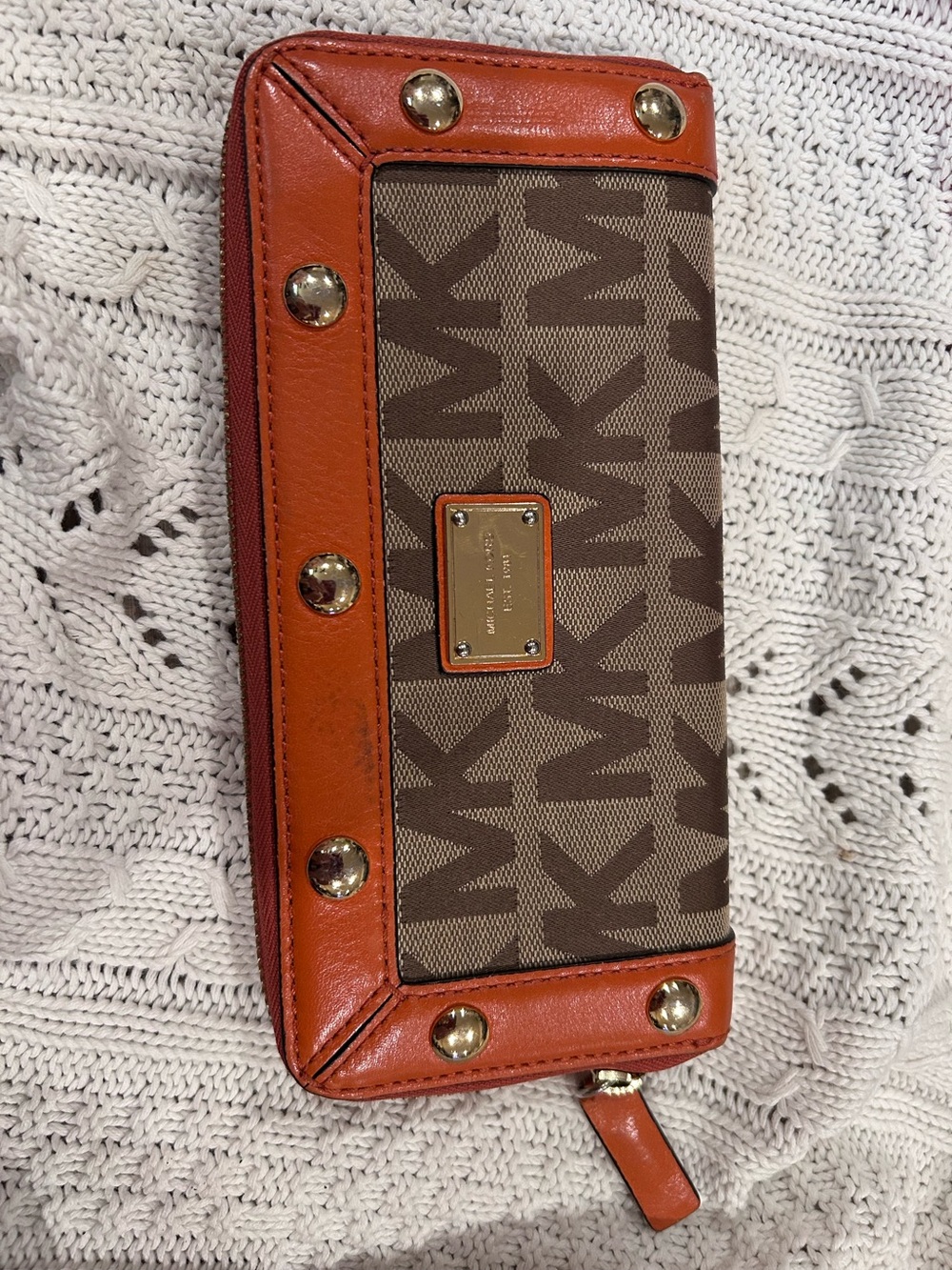 Michael Kors Delancy Tan  Leather & Canvas Wallet with  gold accents.